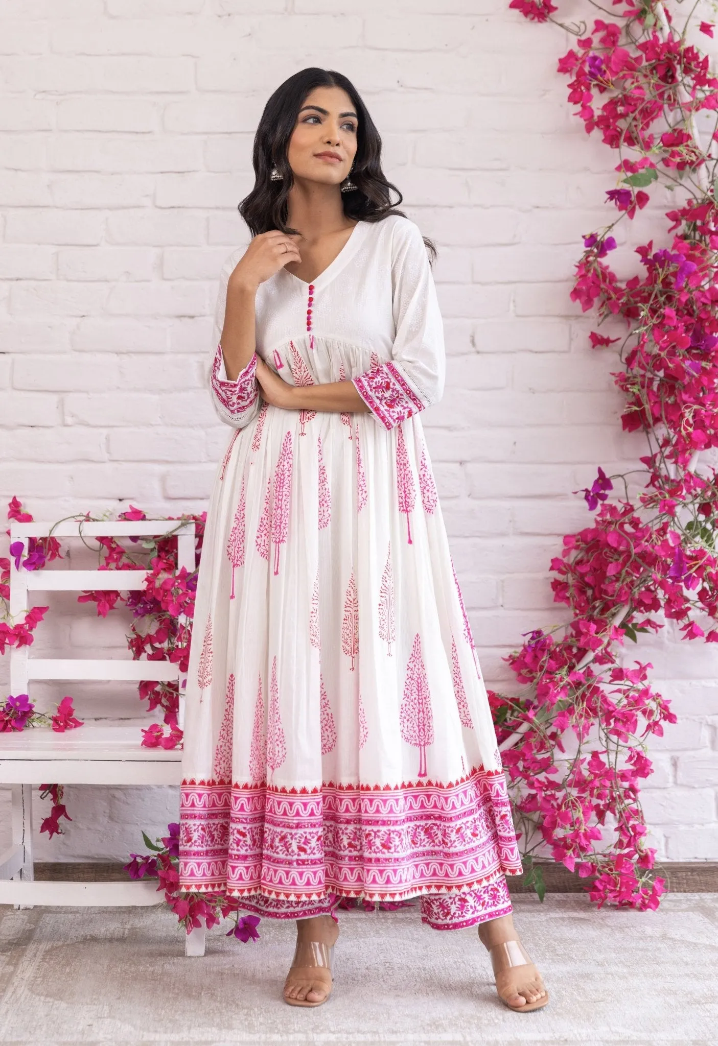 PINK AND RED HAND BLOCK PRINTED GATHERED ANARAKLI WITH DORIYA AND BOTTOMS