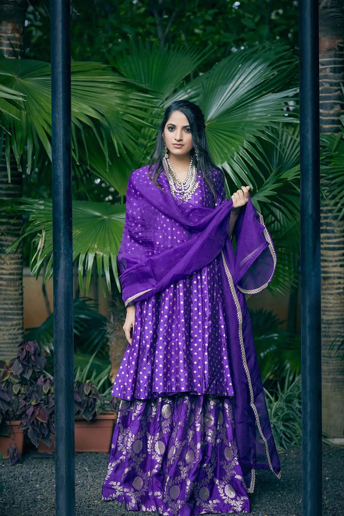 Purple Banarasi kali kurta set
