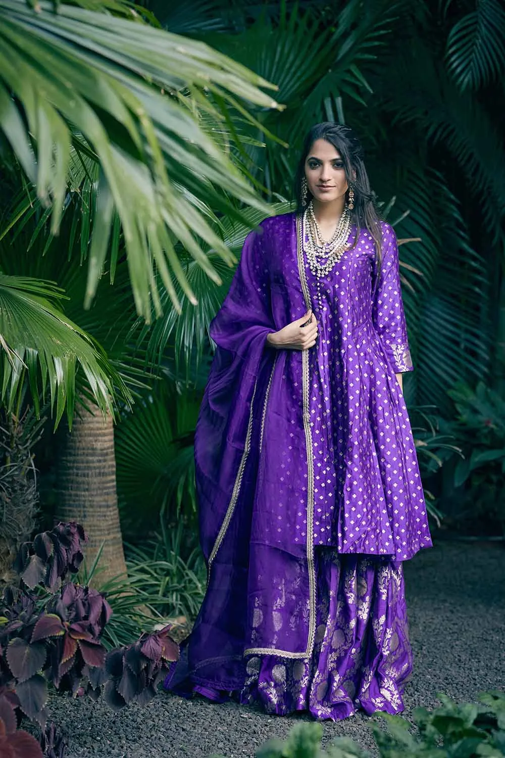 Purple Banarasi kali kurta set