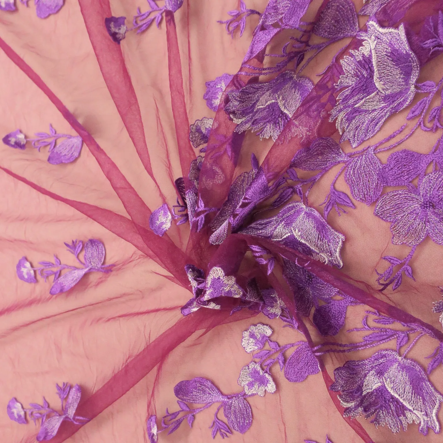 Purple Embroidered Tulle Fabric