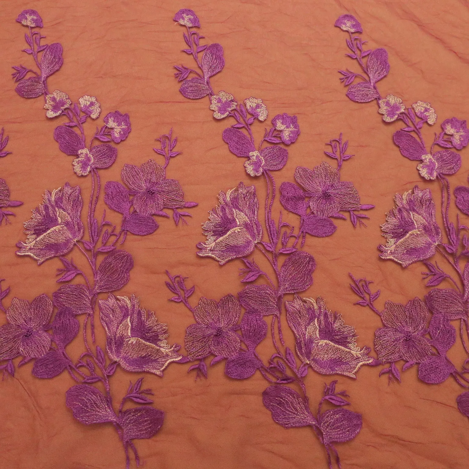Purple Embroidered Tulle Fabric