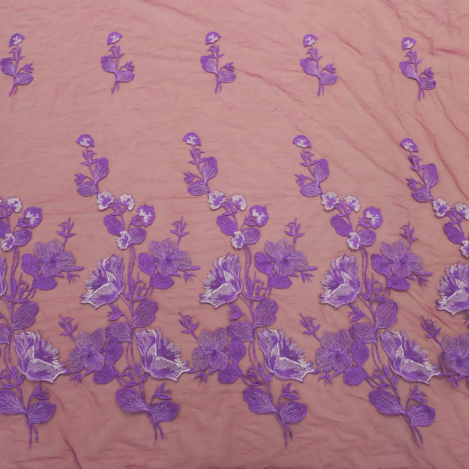 Purple Embroidered Tulle Fabric