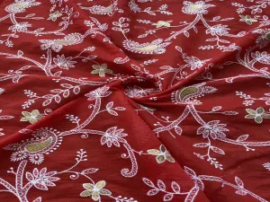 Red Floral Chikankari Zari & Thread Embroidered Chanderi Fabric (Wholesale)