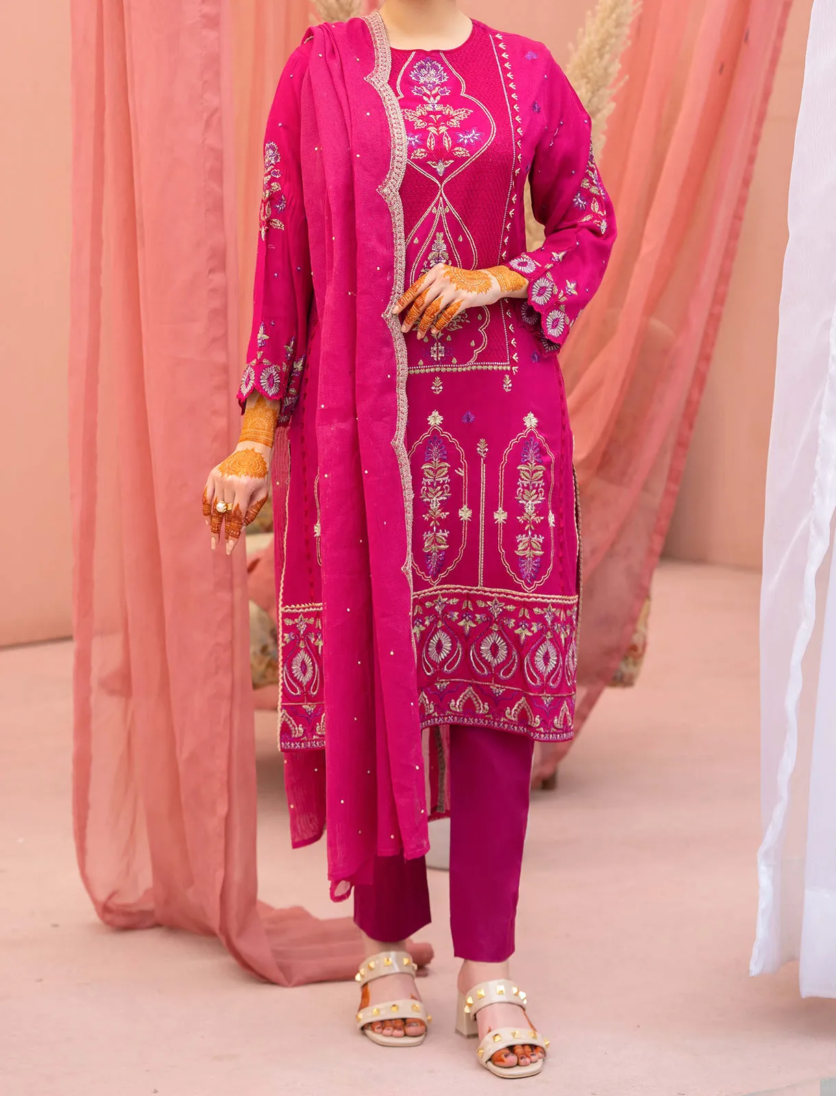 Women "FILIZ" Embroidered Cotton Net Three Piece Suit