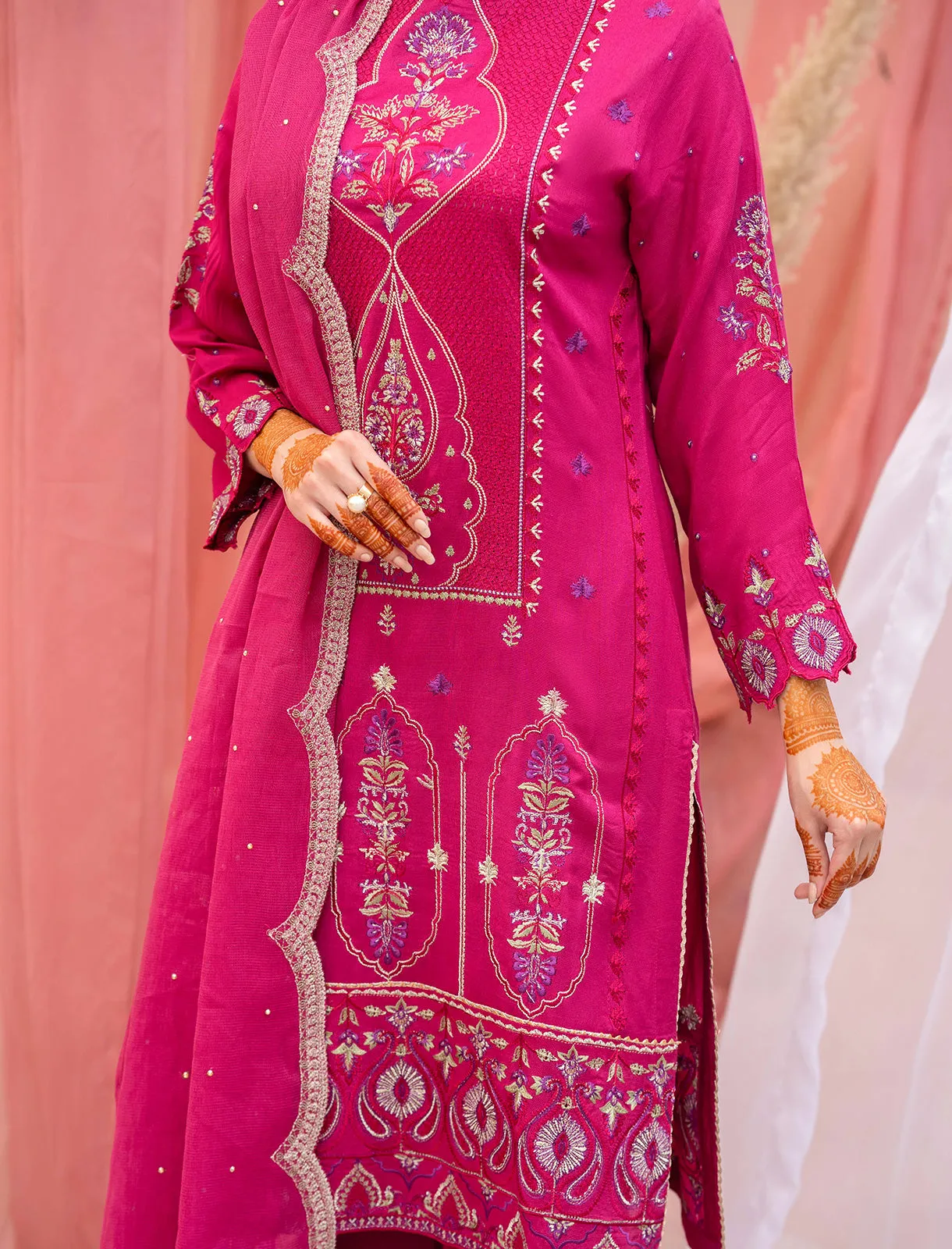 Women "FILIZ" Embroidered Cotton Net Three Piece Suit