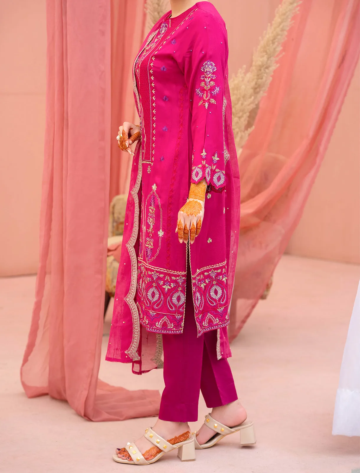 Women "FILIZ" Embroidered Cotton Net Three Piece Suit